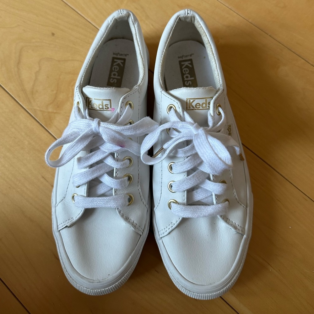Keds White Leather Sneakers with Gold Eyelets
